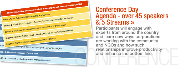 Conference Day Agenda - over 45 speakers and 5 Streams. Participants will engage with experts from around the country and learn new ways corporations are working with the community and NGOs and how such relationships improve productivity and enhance the bottom line.