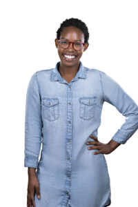 Smiling woman in jean shirt