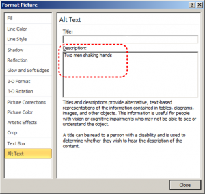Sample screenshot of the Alt Text properties for an image in Word 2010