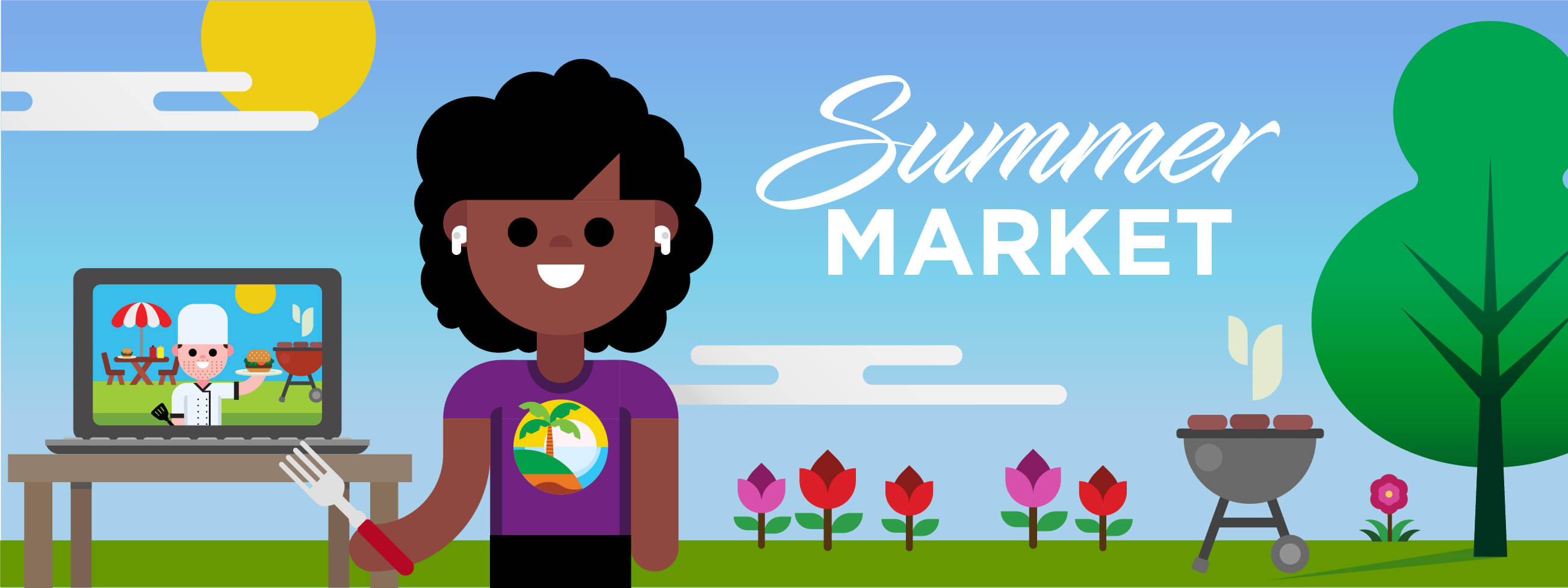 Summer Market Illustration of a student following along outside to a webinar