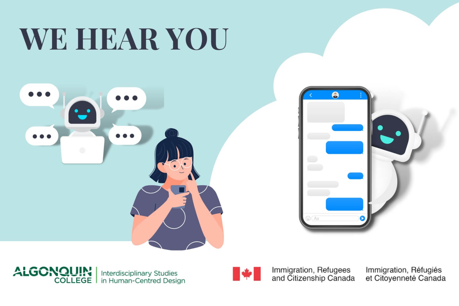 The poster depicts an IRCC client joyfully connecting with a chatbot.