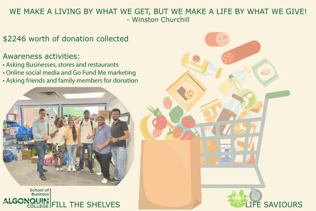The purpose of this project is to provide assistance to the Algonquin Food Cupboard Program in the form of donated and purchased items, meeting both quality and quantity goals.