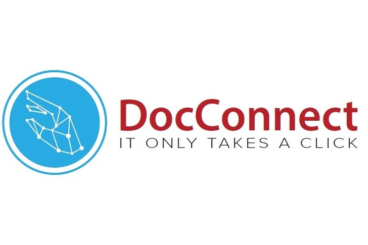 Image DocConnect logo and name on a white background. Blue circular logo with white outline of hand like a constellation to the left; "DocConnect" in large red font to the right. Below that, in smaller black font it says "It only takes a click"