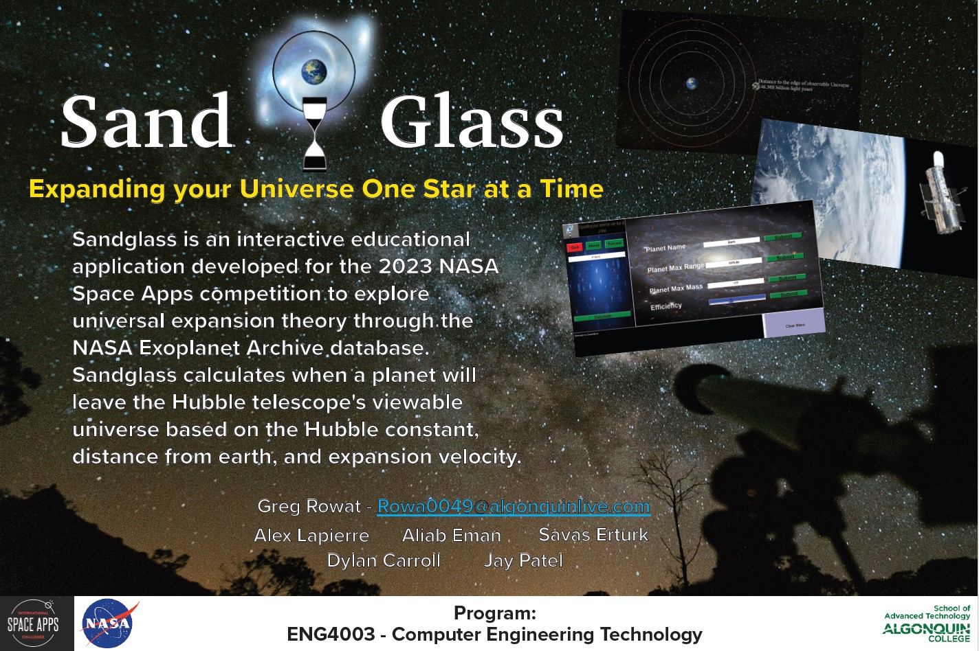 Sandglass is an interactive educational application developed for the 2023 NASA Space Apps competition to explore universal expansion theory through the NASA Exoplanet Archive database. Sandglass calculates when a planet will leave the Hubble Telescope's viewable universe.