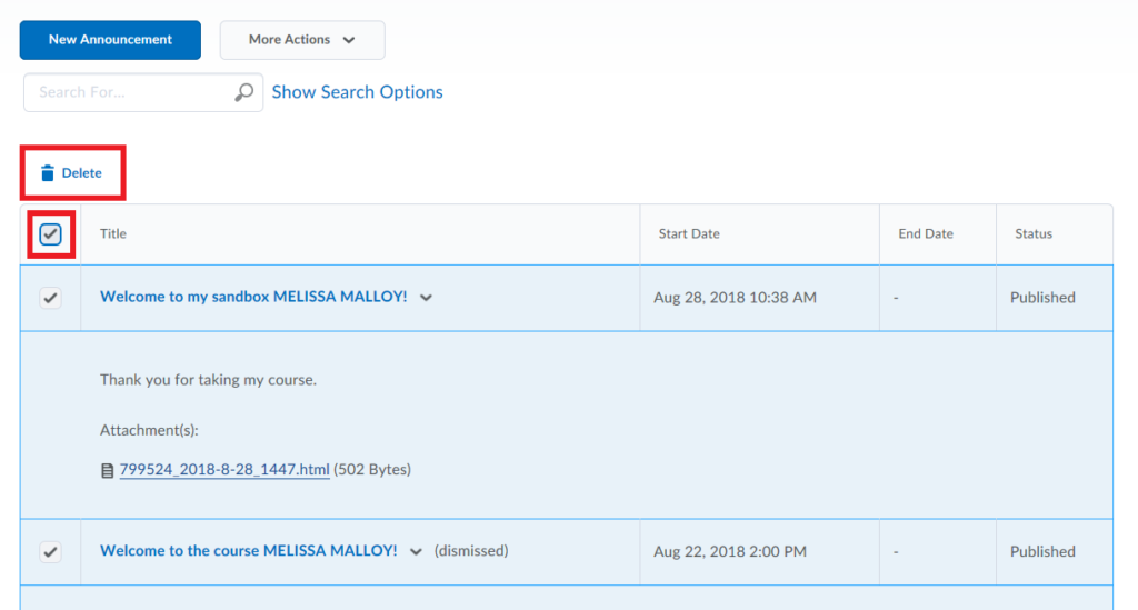 Screenshot of Brightspace Announcements page
