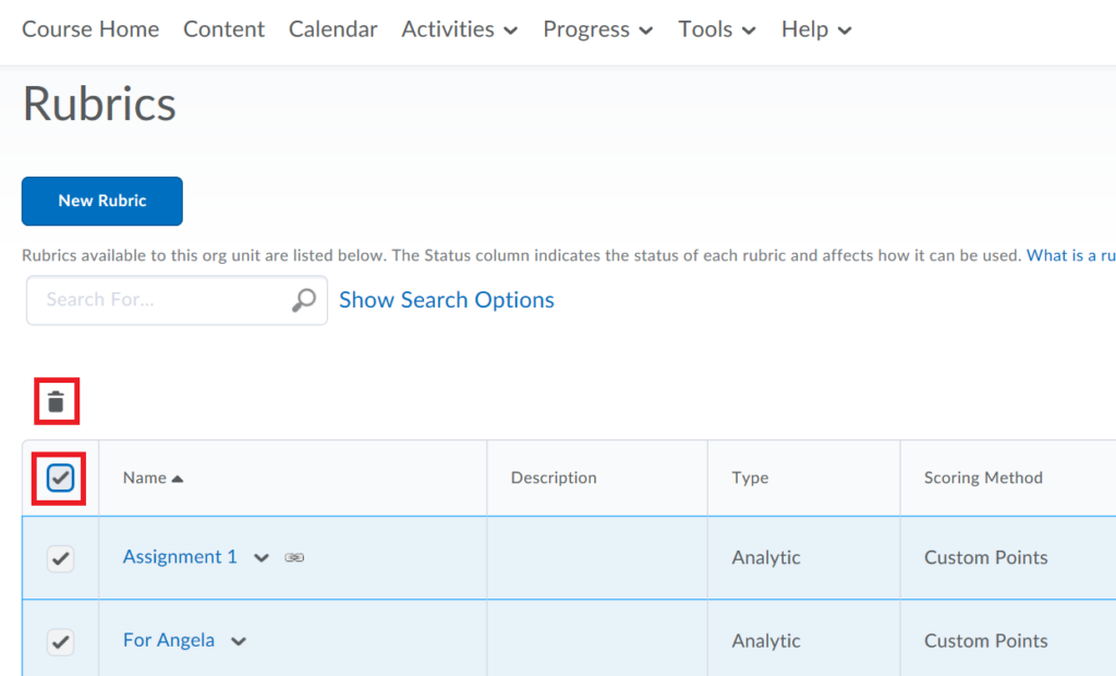 Screenshot of Brightspace showing Rubrics page