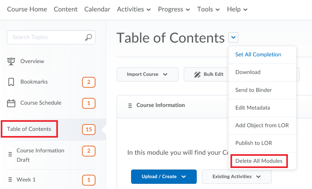 Screenshot of Brightspace showing the Delete Modules option