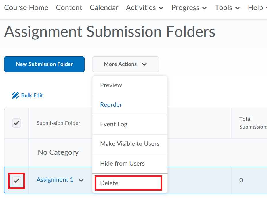 Screenshot of Brightspace showing the assignments page