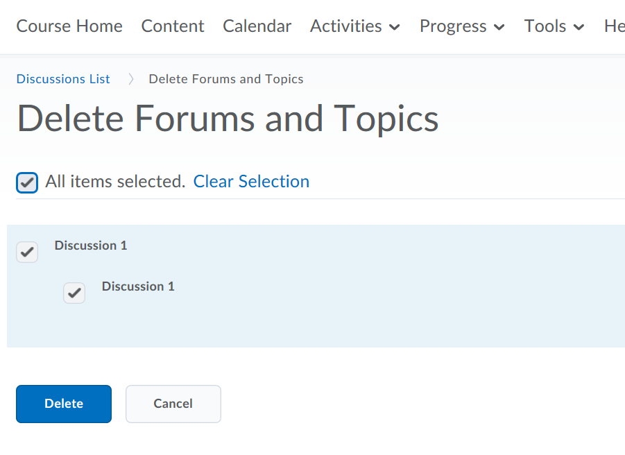 Screenshot of Brightspace showing Discussions page