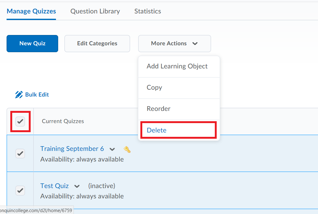Screenshot of Brightspace showing Quizzes page