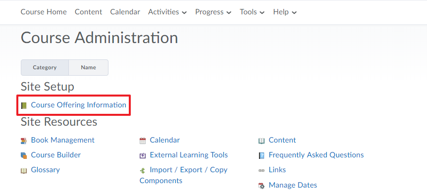 Screenshot of Course Admin Page