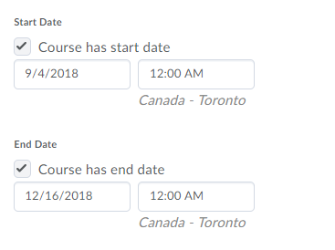 Screenshot of Start and End dates inside the Course Offering Information page