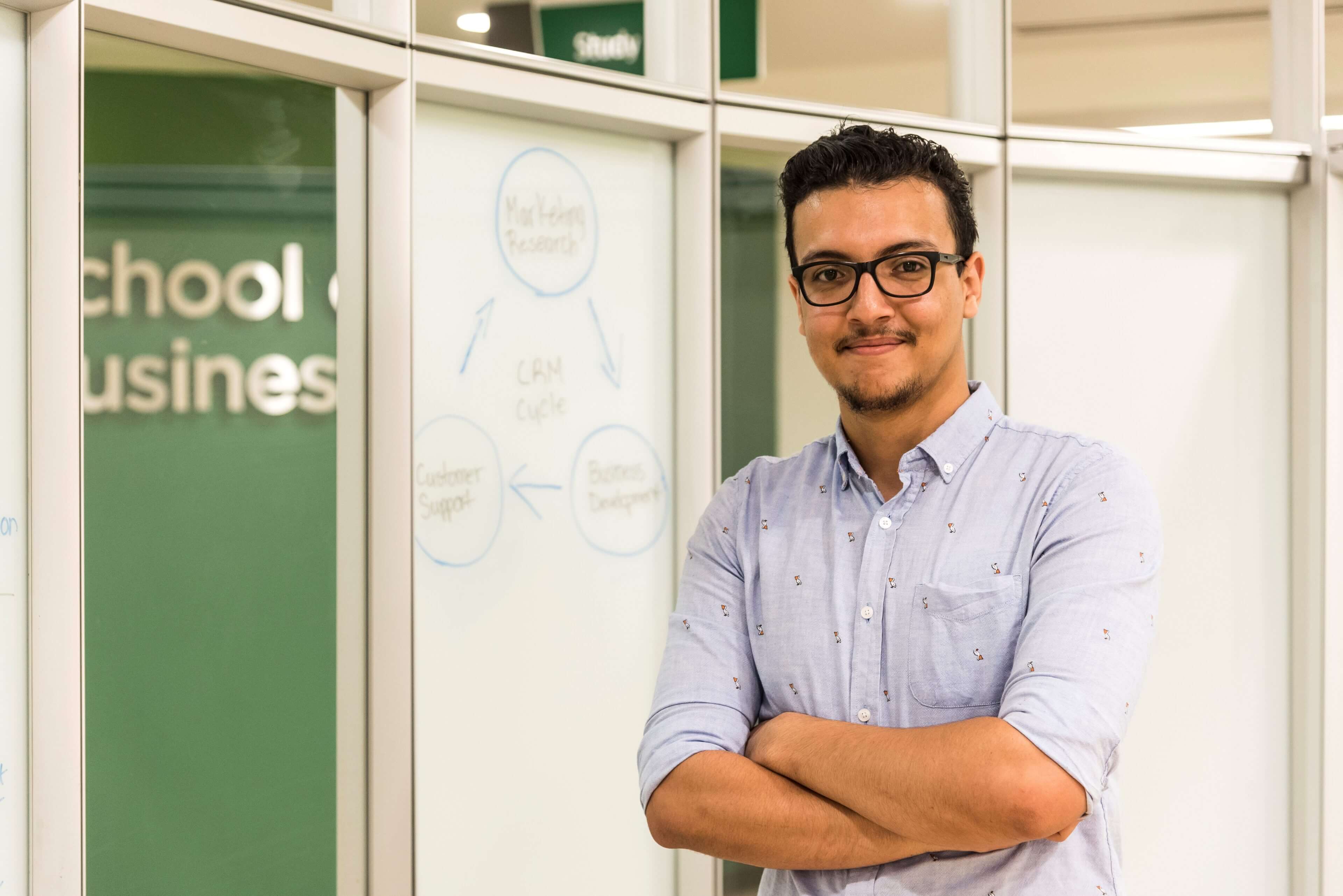 Male student with glasses and crossed arms standing in front of a whiteboard in a School of Business and Hospitality study space with School sign in the background