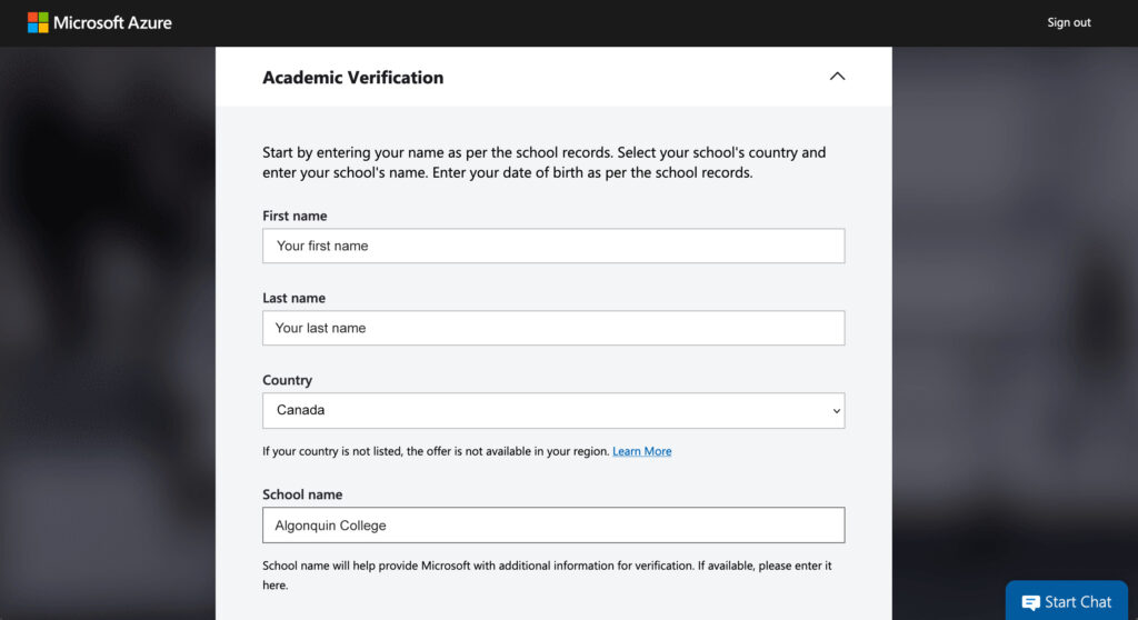 Academic Verification Page. Insert name, last name, school name, and date of birth.