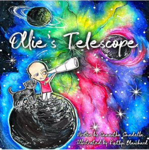 The cover of Ollie's Telescope which showcases Blanchard's beautiful illustrations. The illustration features a cartoon style galaxy with fluorescent colours in which the main character Ollie is standing on top of a planet with his black dog wearing a red shirt and squinting to look out of a telescope. 