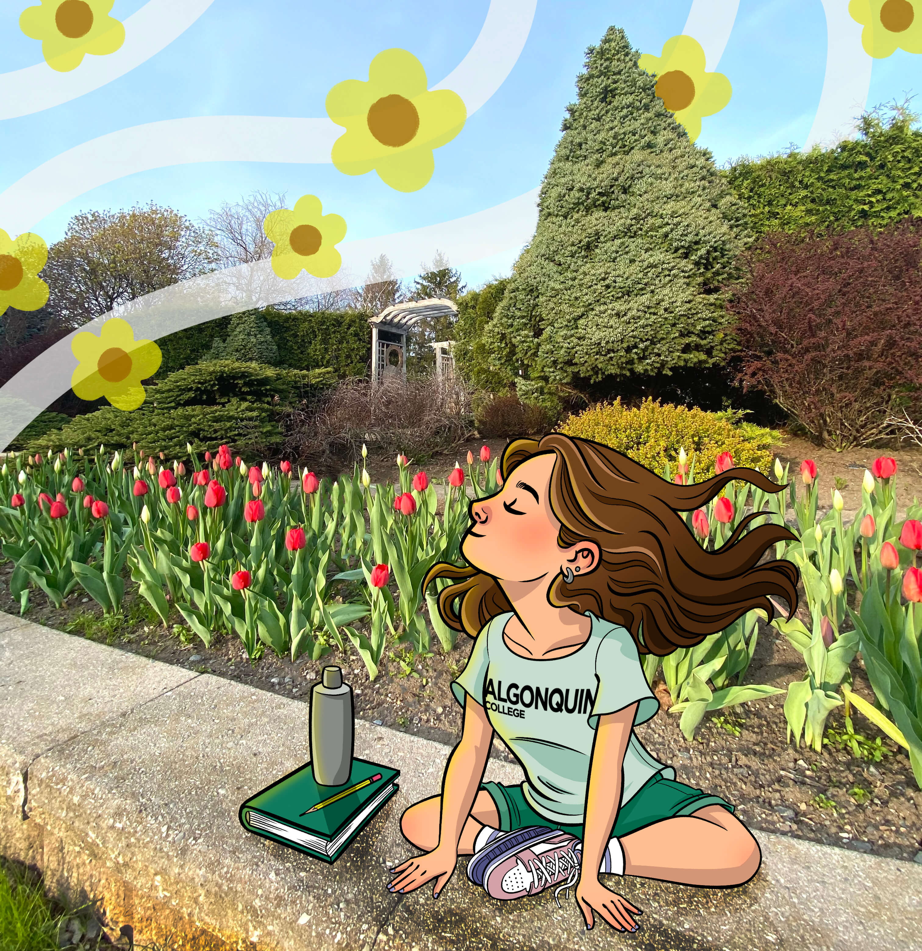 Student seated in the garden relaxing. Illustration by Julia Pinto