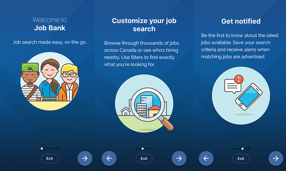 Screenshots from the Job Bank mobile app