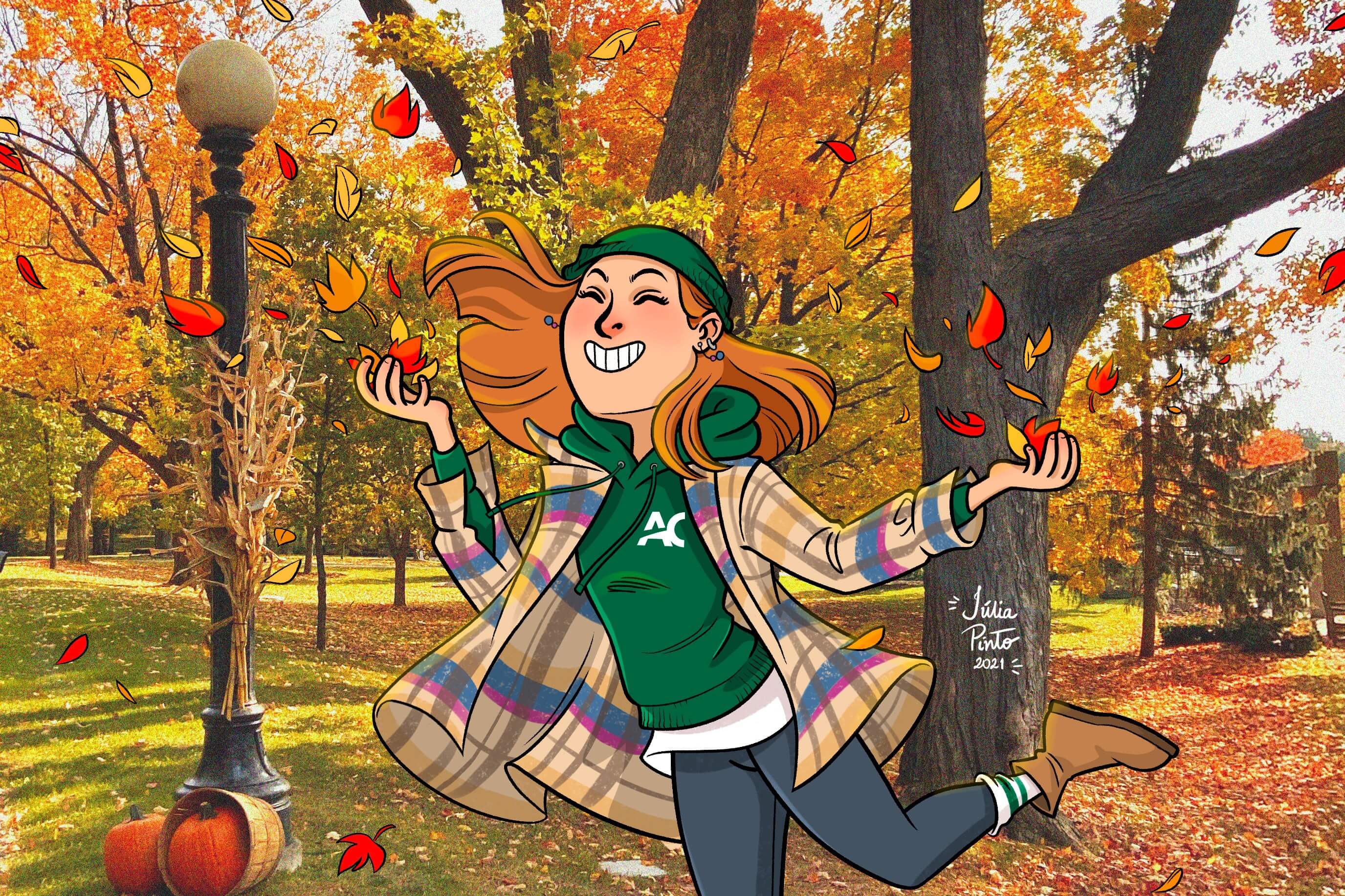 Illustration of an Algonquin College student enjoying fall weather - on a photographic background of a park during a bright fall day with colourfull leaves.