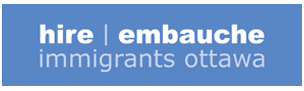 Blue rectangle with the text "hire, embauche, immigrants ottawa" in white text