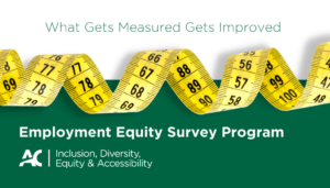 What Get Measured Gets Improved image with measuring tape graphic and Equity Diversity and Inclusion at AC logo