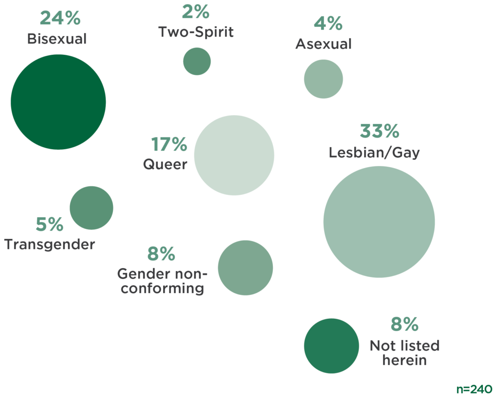 Data presented: 33% Lesbian and Gay, 24% Bisexual, 17% Queer, 8% Gender non-conforming, 5% Transgender, 4% Asexual, 2% Two Spirit, *% not listed herein, n=240