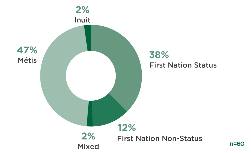 Data Presented: 47% Metis, 38% First Nation Status, 12% First Nation Non-Status, 2% Inuit, 2% Mixed (n=60)