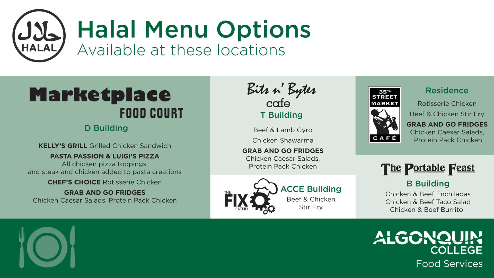 Gluten Aware, Vegetarian, Halal and Vegan options at AC! Food