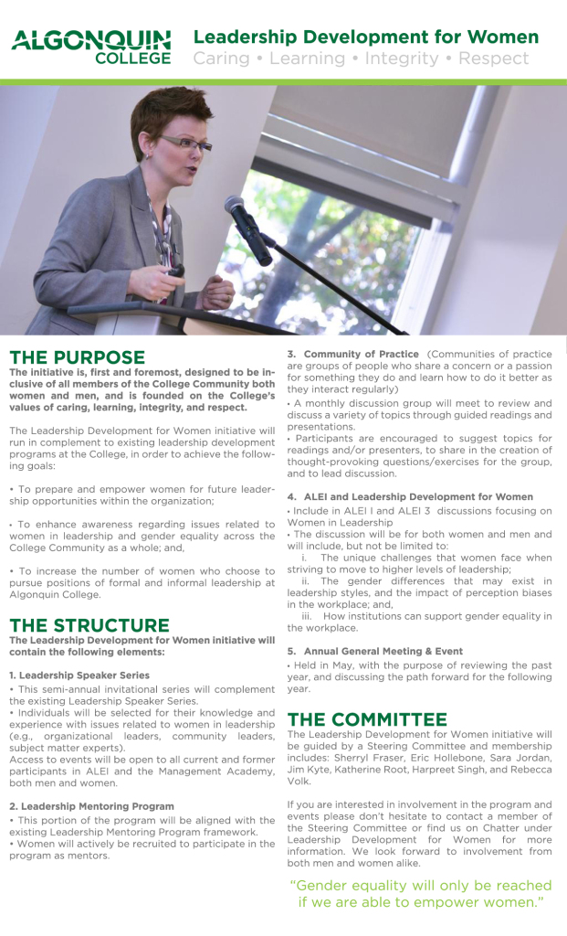 This is an image of a flyer for the Leadership Development For Women initiative. It contains the initiative's purpose, structure and committee members. For an accessible version of this image, please continue reading/scanning after the image and click on the PDF version.