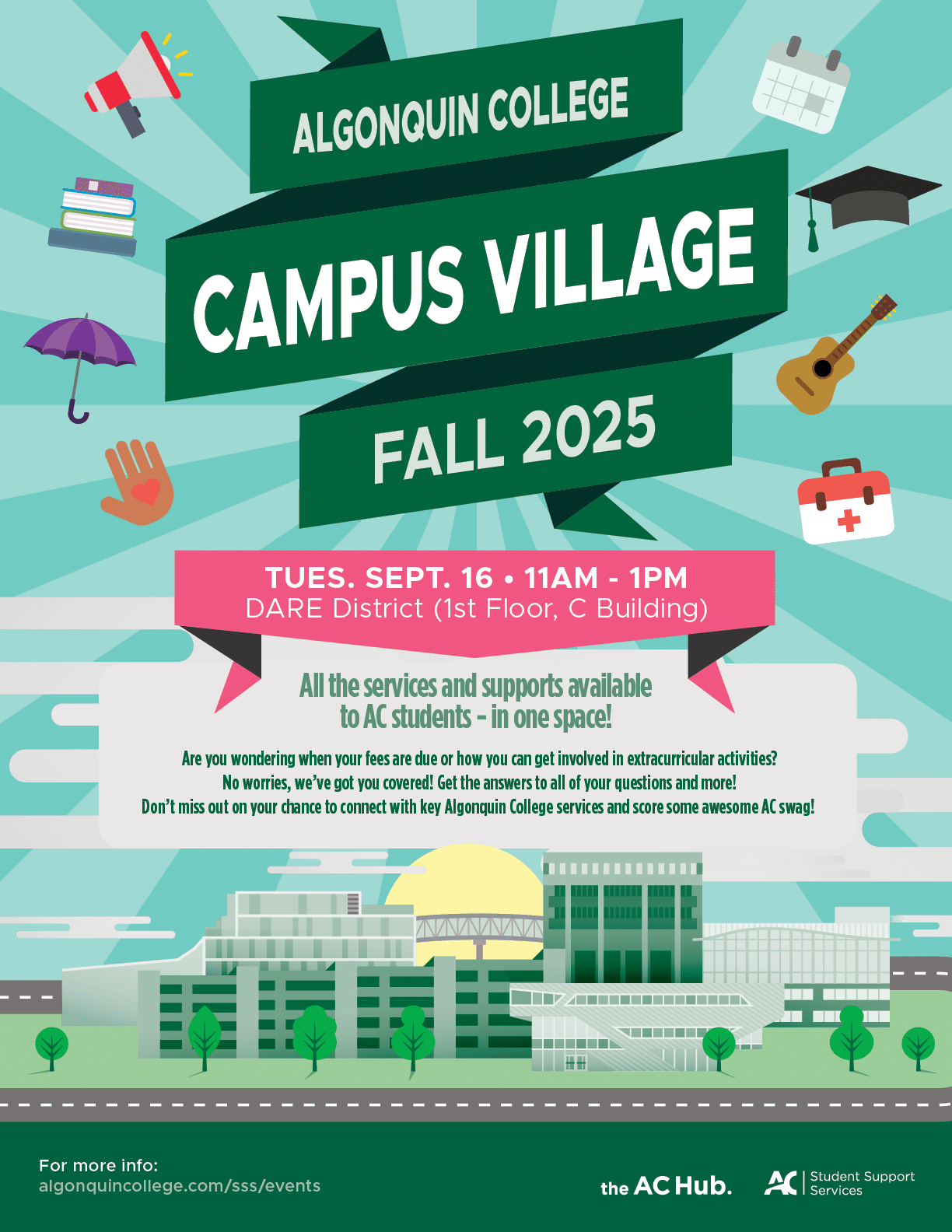 Campus Village adverstisement with an illustrated cartoon version of the Ottawa Campus in the background.  Tues. May 20, 11am - 1pm, DARE District (1st Floor, C Building)  All the services and supports availble to AC Students - in one space!