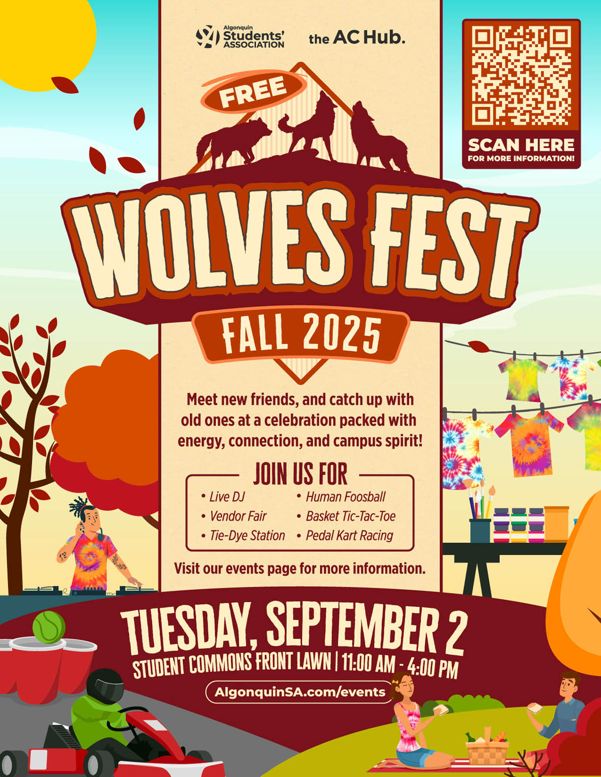 Wolves Fest Spring Edition: Your Ulitmate Campus Kickoff advertisement with beach vibe imagery like palm trees, volley ball, donut truck and includes event details.  Soak up the sun, have some fun, and enjoy free food and fesivities!  Monday, May 5, 11am - 3pm, Student Commons, Front Lawn