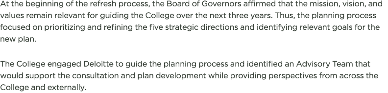 At the beginning of the refresh process, the Board of Governors affirmed that the mission, vision, and values remain    