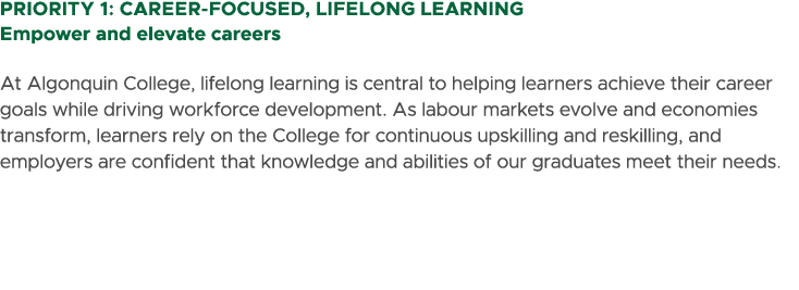 Priority 1: Career Focused, Lifelong Learning Empower and elevate careers At Algonquin College, lifelong learning is ...