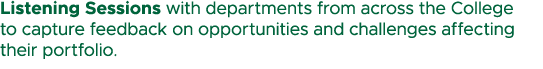 Listening Sessions with departments from across the College to capture feedback on opportunities and challenges affec...