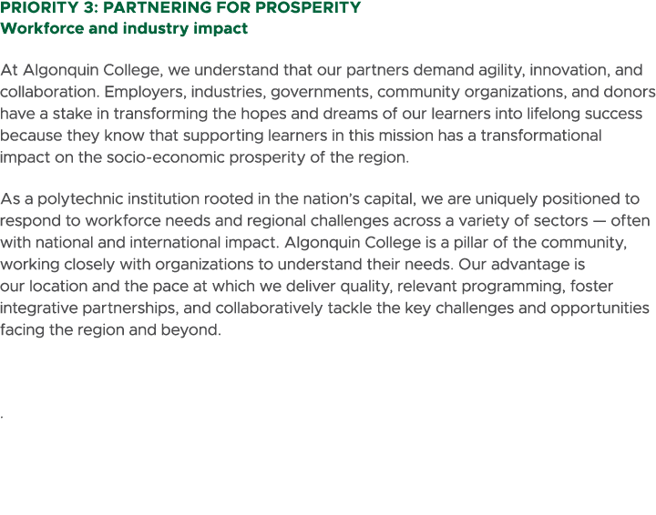 Priority 3: Partnering for Prosperity Workforce and industry impact At Algonquin College, we understand that our part...