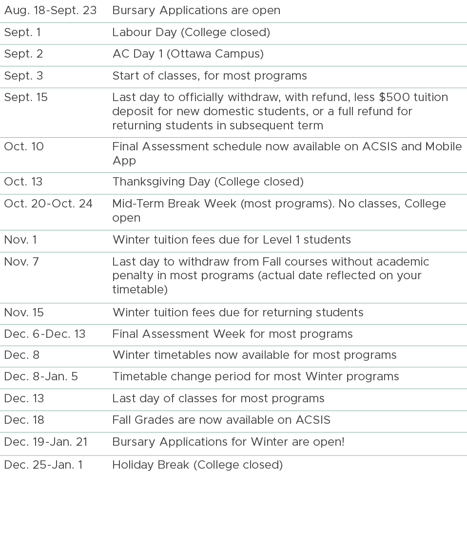 Aug. 18 Sept. 23,Bursary Applications are open,Sept. 1,Labour Day (College closed),Sept. 2,AC Day 1 (Ottawa Campus),S...