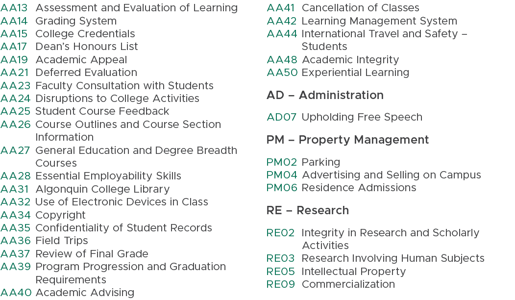 AA13 Assessment and Evaluation of Learning AA14 Grading System AA15 College Credentials AA17 Dean’s Honours List AA19...