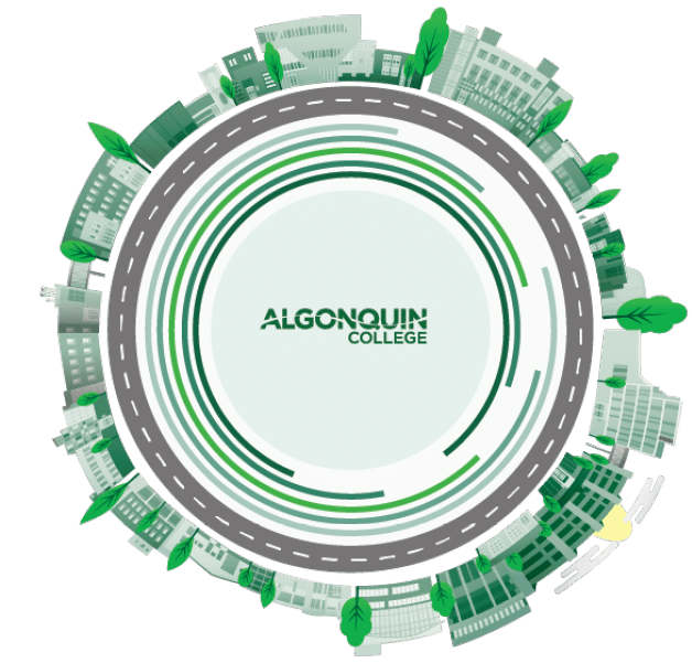Algonquin College Logo circled by the illustrated campus scapes.