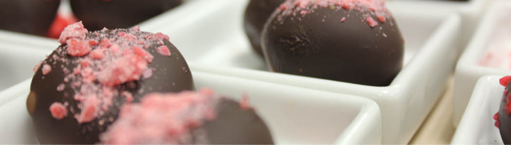 Close-up photo of fancy chocolates made by students.