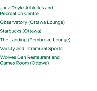  Jack Doyle Athletics and Recreation Centre Observatory (Ottawa Lounge) Starbucks (Ottawa) The Landing (Pembroke Loun...