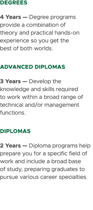 degrees 4 Years — Degree programs provide a combination of theory and practical hands on experience so you get the be...