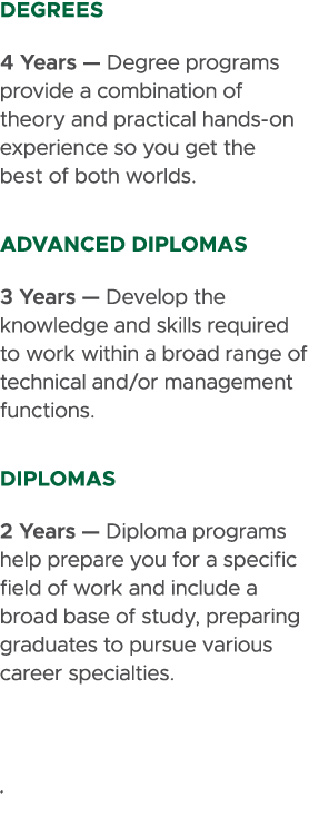 degrees 4 Years — Degree programs provide a combination of theory and practical hands on experience so you get the be...