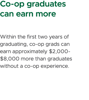 Co op graduates can earn more Within the first two years of graduating, co op grads can earn approximately $2,000 $8,...