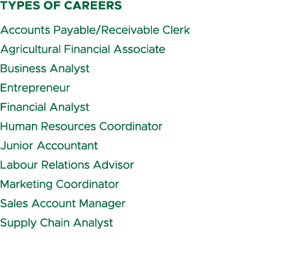 types of careers Accounts Payable/Receivable Clerk Agricultural Financial Associate Business Analyst Entrepreneur Fin...