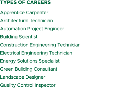 types of careers Apprentice Carpenter Architectural Technician Automation Project Engineer Building Scientist Constru...