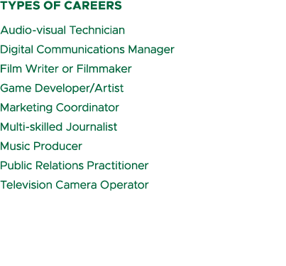 types of careers Audio visual Technician Digital Communications Manager Film Writer or Filmmaker Game Developer/Artis...