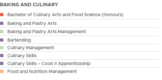 Baking and culinary, n Bachelor of Culinary Arts and Food Science (Honours), n Baking and Pastry Arts , n Baking and ...