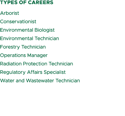 types of careers Arborist Conservationist Environmental Biologist Environmental Technician Forestry Technician Operat...