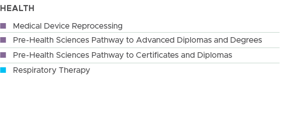 HEALTH,n Medical Device Reprocessing,n Pre Health Sciences Pathway to Advanced Diplomas and Degrees ,n Pre Health Sci...
