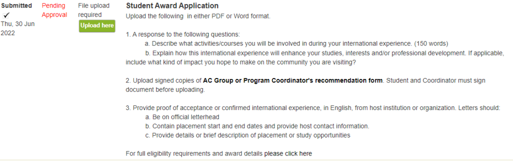 Image of the Student Award Application status section of the website
