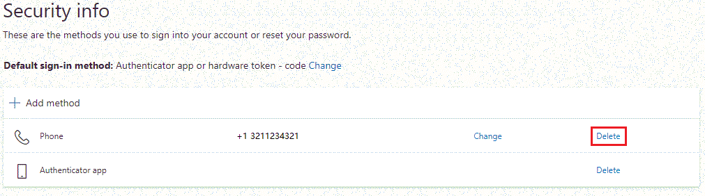 image showing the delete option for the phone method